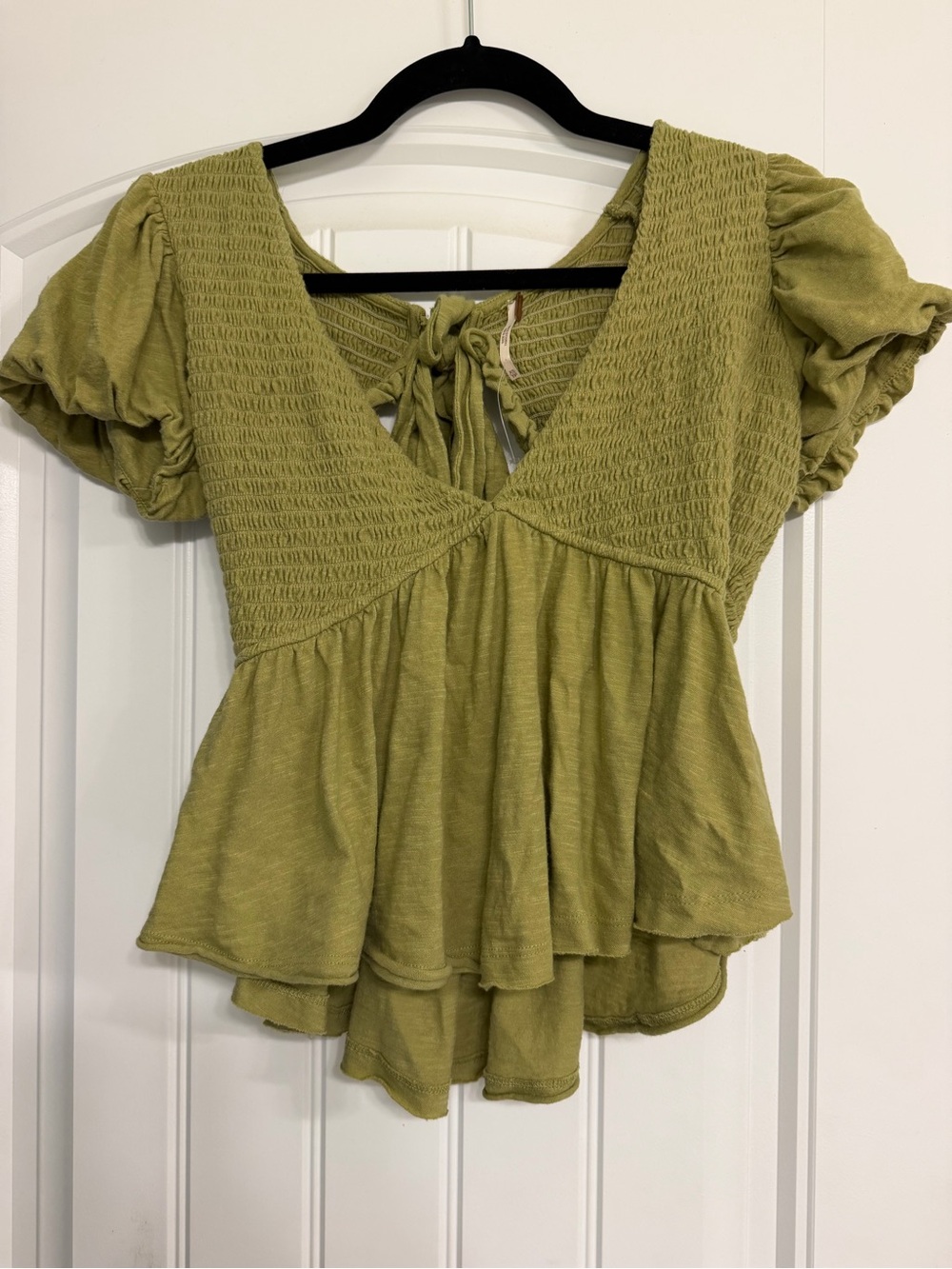 Free People Olive Green Smocked V-Neck Peplum Top